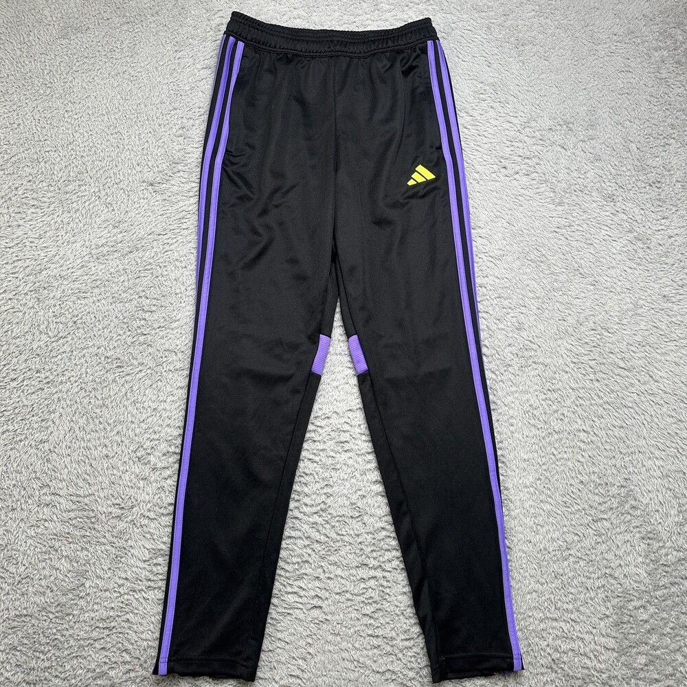 Adidas Track Pants Kids 15-16Y Black Purple 3-Stripe AEROREADY Ankle Zippers